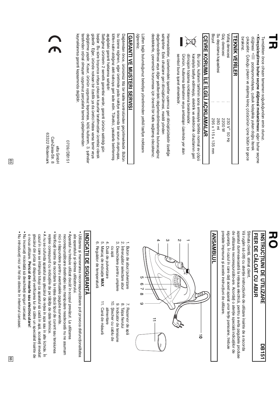 Teknýk verýler, Çevre koruma ýle ýlgýlý açiklamalar, Garanti ve musteri servisi | Ansambl ul indicaţii de siguranţă | Elta DB151 User Manual | Page 34 / 42