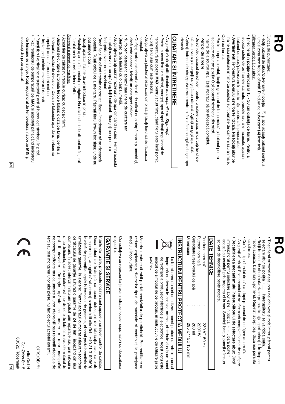 Curăţare şi întreţinere, Da te tehnice, Instr ucţiuni pentr u pr o tecţia mediul ui | Garanţie şi service | Elta DB151 User Manual | Page 36 / 42