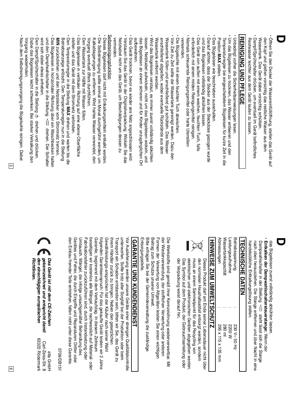 Reinigung und pflege, Technische da ten, Hinweise zum umwel tschutz | Garantie und kundendienst | Elta DB151 User Manual | Page 4 / 42