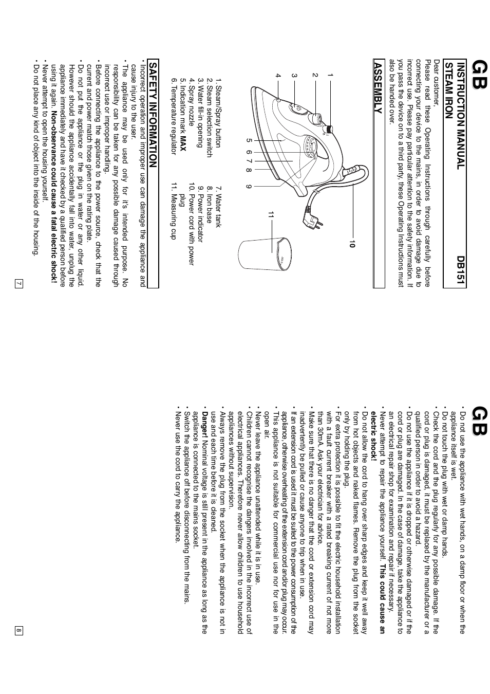 Instruction manual db151 steam iron, Assembl y safety informa tion | Elta DB151 User Manual | Page 5 / 42