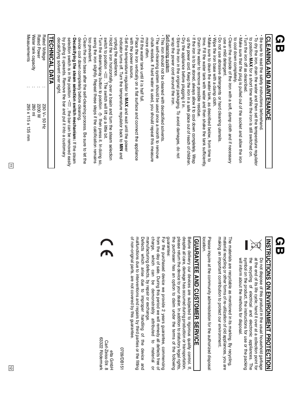 Cleaning and maintenance, Technical da t a, Instructions on environment protection | Guarantee and cust omer ser vice | Elta DB151 User Manual | Page 7 / 42
