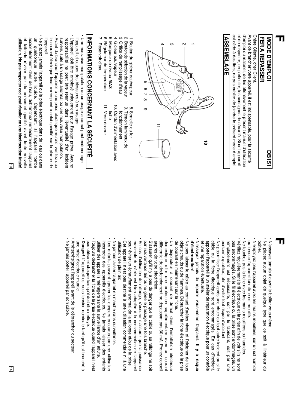 Mode d’emploi db151 fer a rep asser, Assemblage informa tions concernant la sécurité | Elta DB151 User Manual | Page 8 / 42