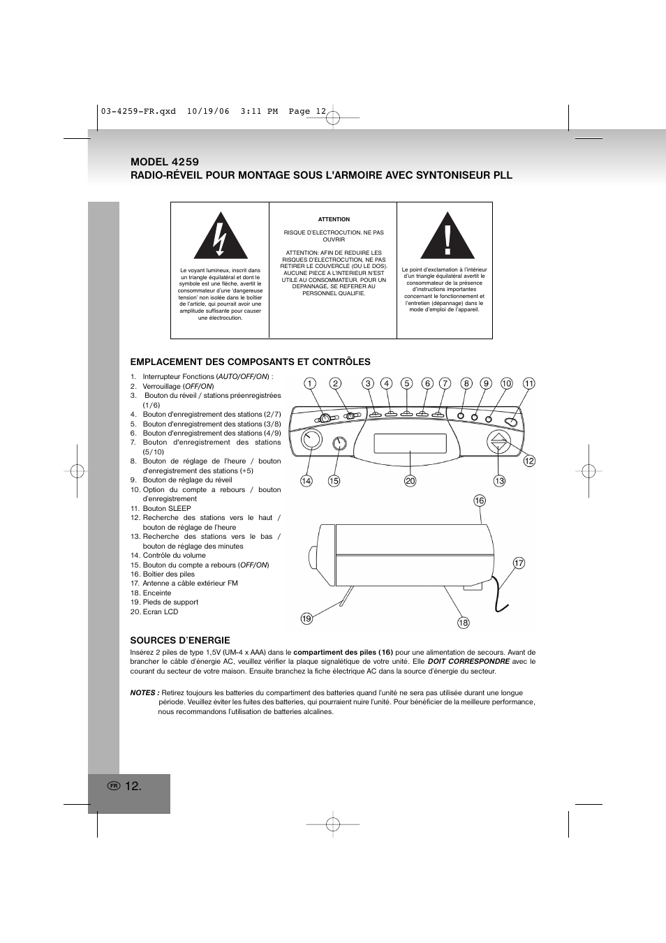 4259.pdf, Emplacement des composants et contrôles, Sources d’energie | Elta 4259 User Manual | Page 12 / 57