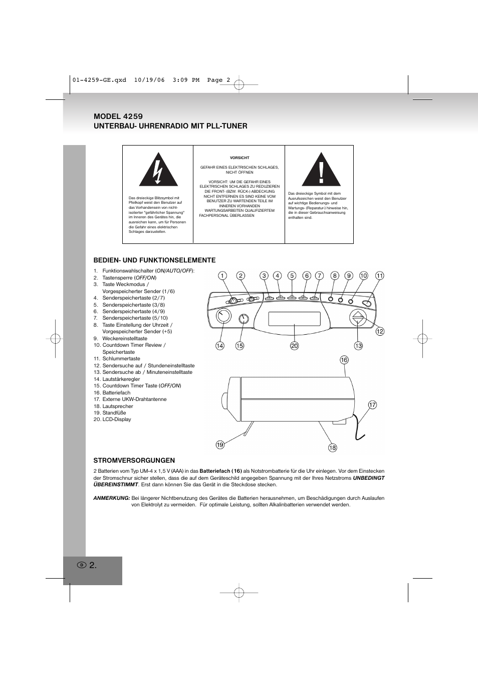 4259.pdf, Model 4259 unterbau- uhrenradio mit pll-tuner | Elta 4259 User Manual | Page 2 / 57