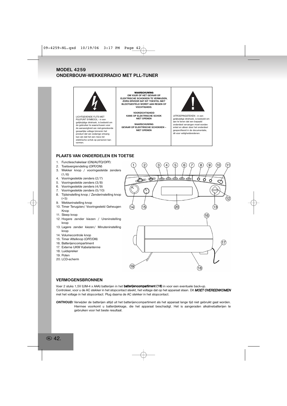 4259.pdf, Model 4259 onderbouw-wekkerradio met pll-tuner, Plaats van onderdelen en toetse | Vermogensbronnen | Elta 4259 User Manual | Page 42 / 57