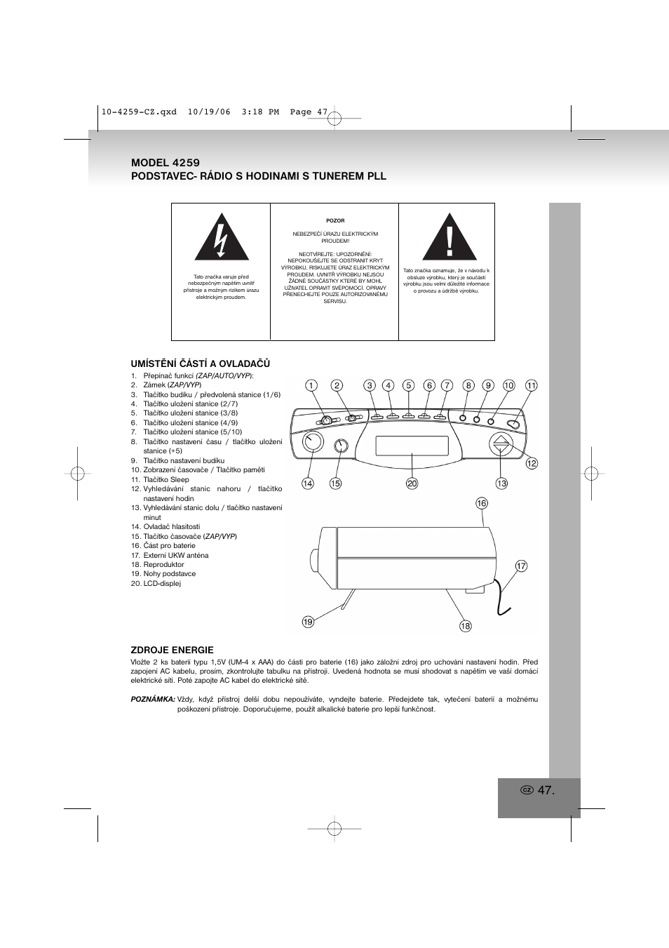 4259.pdf, Umístění částí a ovladačů, Zdroje energie | Elta 4259 User Manual | Page 47 / 57