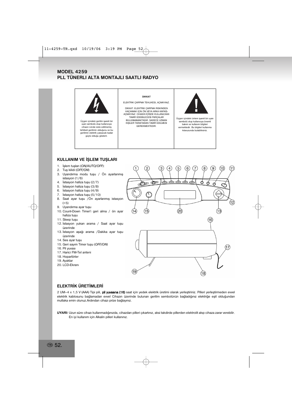 4259.pdf, Model 4259 pll tünerli alta montajli saatli radyo, Kullanim ve ýþlem tuþlari | Elektrýk üretýmlerý | Elta 4259 User Manual | Page 52 / 57