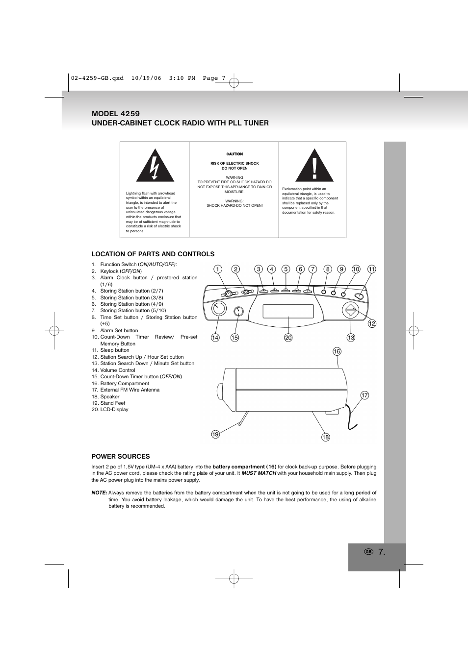 4259.pdf, Location of parts and controls, Power sources | Elta 4259 User Manual | Page 7 / 57