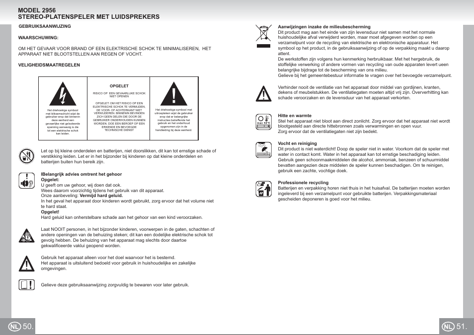 2956 im p50,51_nl.pdf, Model 2956 stereo-platenspeler met luidsprekers | Elta 2956 User Manual | Page 26 / 31