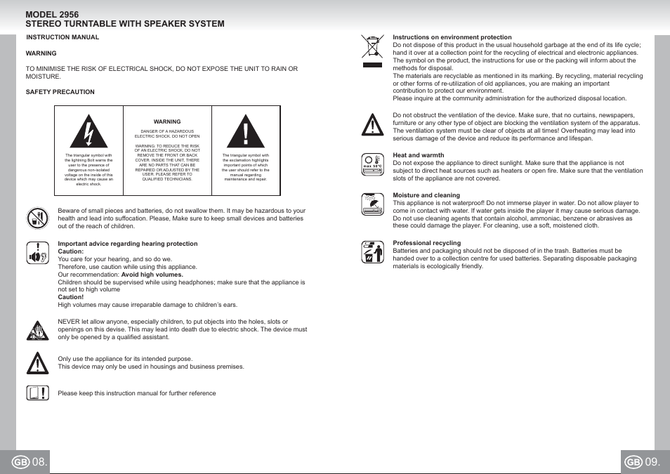 2956 im p08,09_gb.pdf, Model 2956 stereo turntable with speaker system | Elta 2956 User Manual | Page 5 / 31