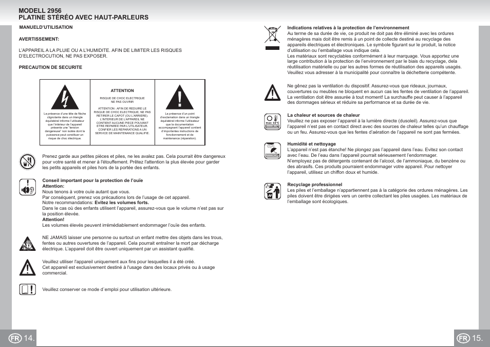2956 im p14,15_fr.pdf, Modell 2956 platine stéréo avec haut-parleurs | Elta 2956 User Manual | Page 8 / 31