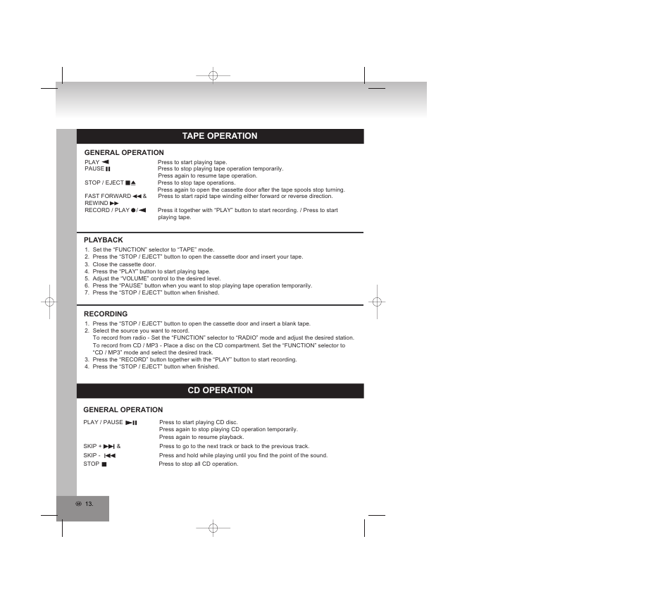 Tape operation, Cd operation | Elta 6770M1 User Manual | Page 13 / 79