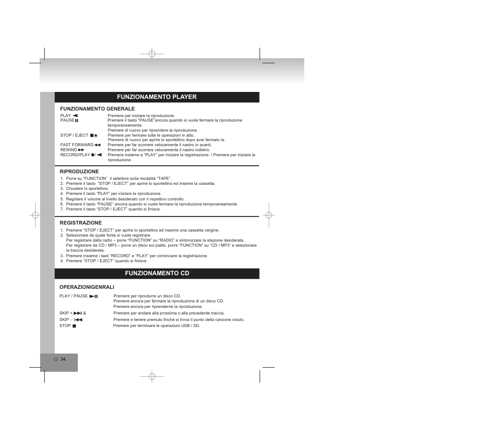 Funzionamento player, Funzionamento cd | Elta 6770M1 User Manual | Page 34 / 79