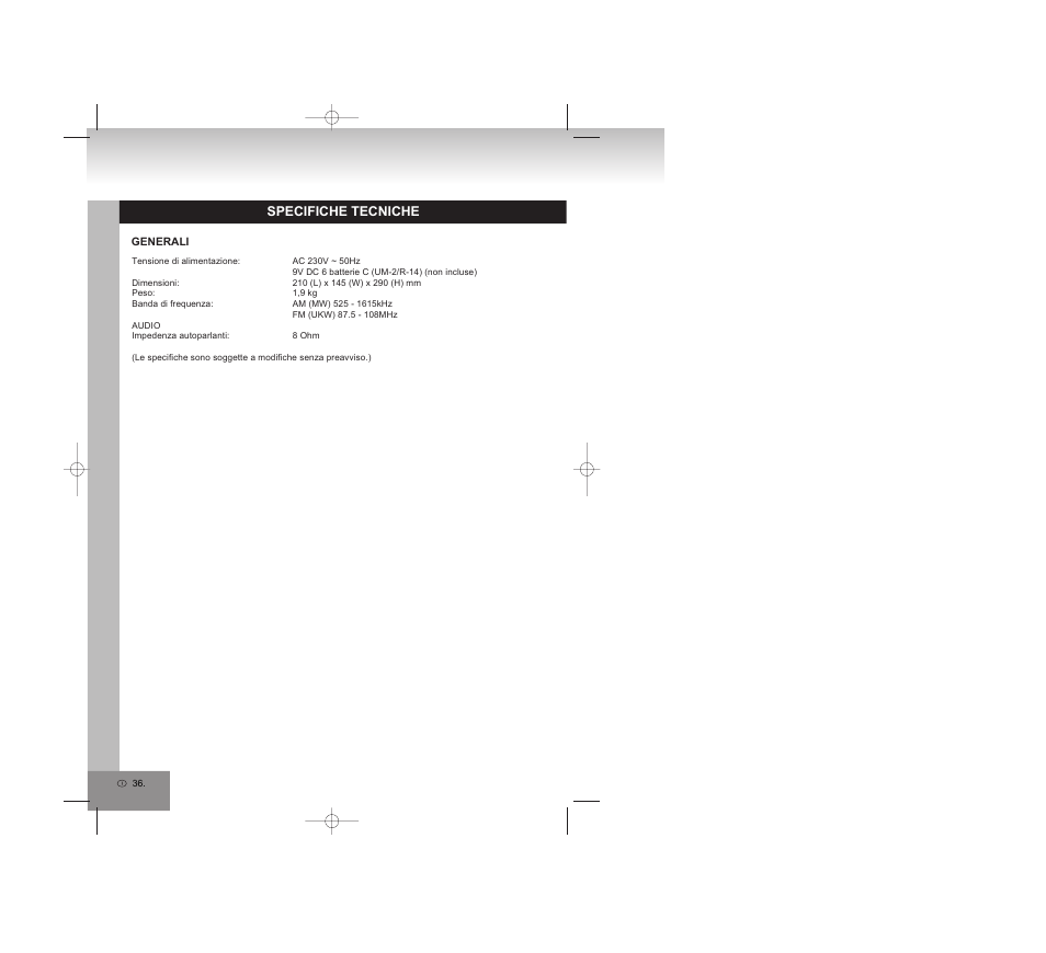 Specifiche tecniche | Elta 6770M1 User Manual | Page 36 / 79