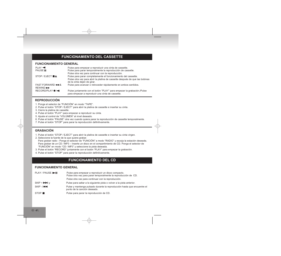Funcionamiento del cassette, Funcionamiento del cd | Elta 6770M1 User Manual | Page 41 / 79