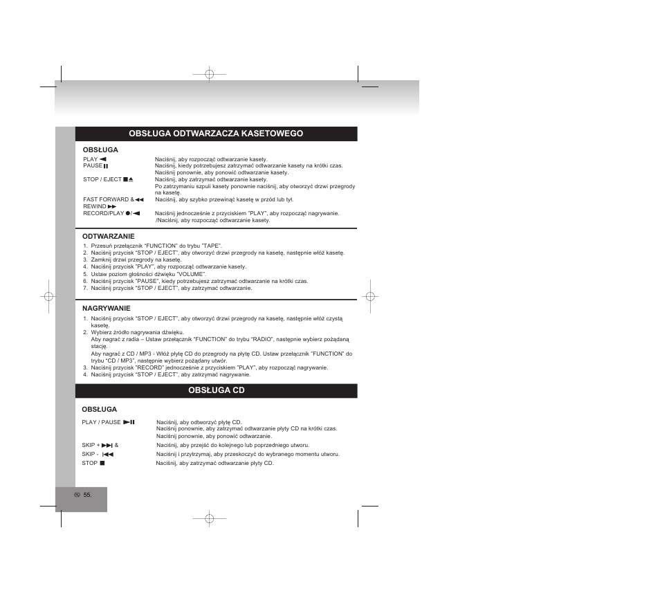Obsługa odtwarzacza kasetowego, Obsługa cd | Elta 6770M1 User Manual | Page 55 / 79