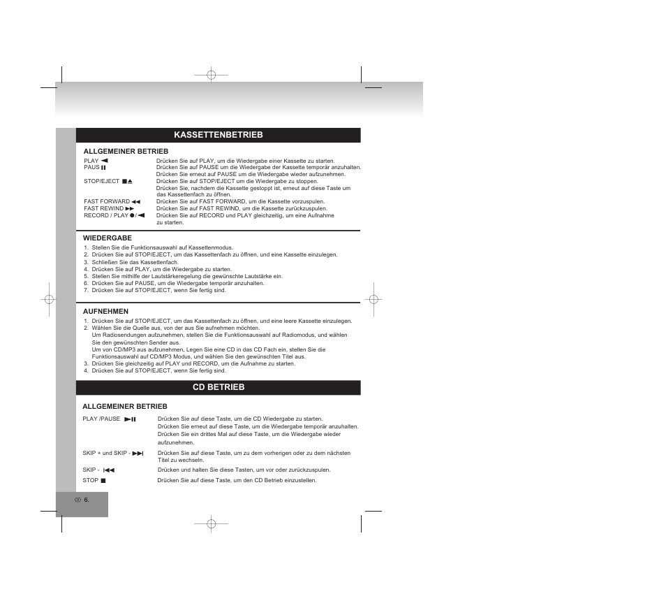 Kassettenbetrieb, Cd betrieb | Elta 6770M1 User Manual | Page 6 / 79