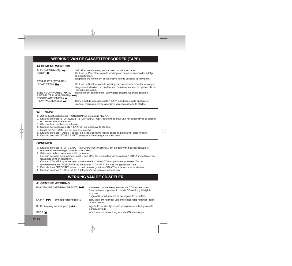 Werking van de cassetterecorder (tape), Werking van de cd-speler | Elta 6770M1 User Manual | Page 62 / 79