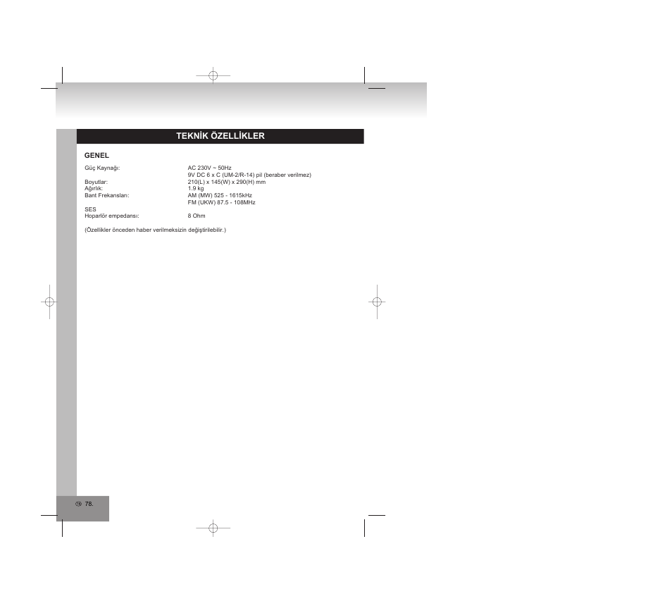 Teknik özellikler | Elta 6770M1 User Manual | Page 78 / 79