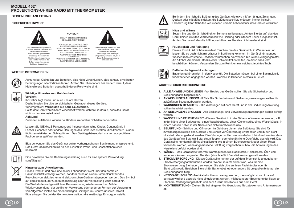4521 im p002,03_d.pdf, Modell 4521 projektions-uhrenradio mit thermometer | Elta 4521 User Manual | Page 2 / 71