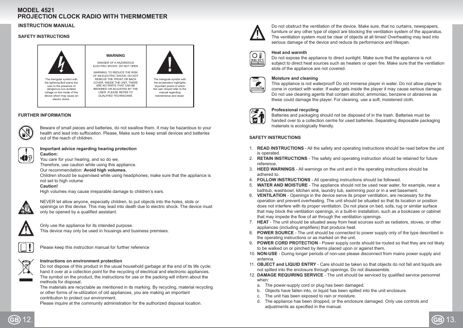 4521 im p012,13_gb.pdf, Model 4521 projection clock radio with thermometer | Elta 4521 User Manual | Page 7 / 71