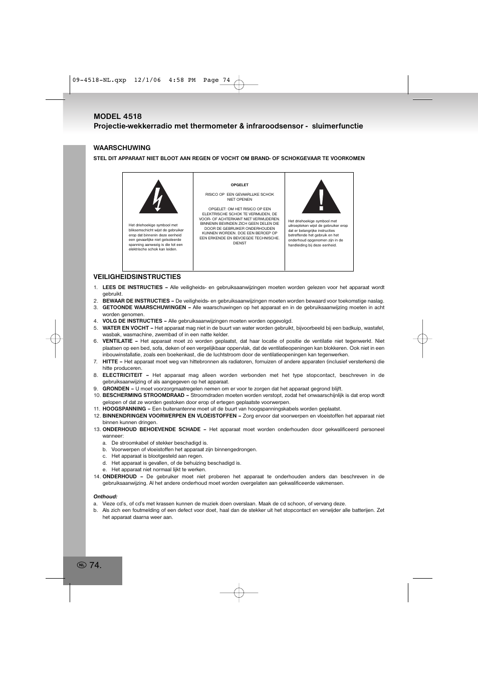 Waarschuwing, Veiligheidsinstructies | Elta 4518 User Manual | Page 74 / 101