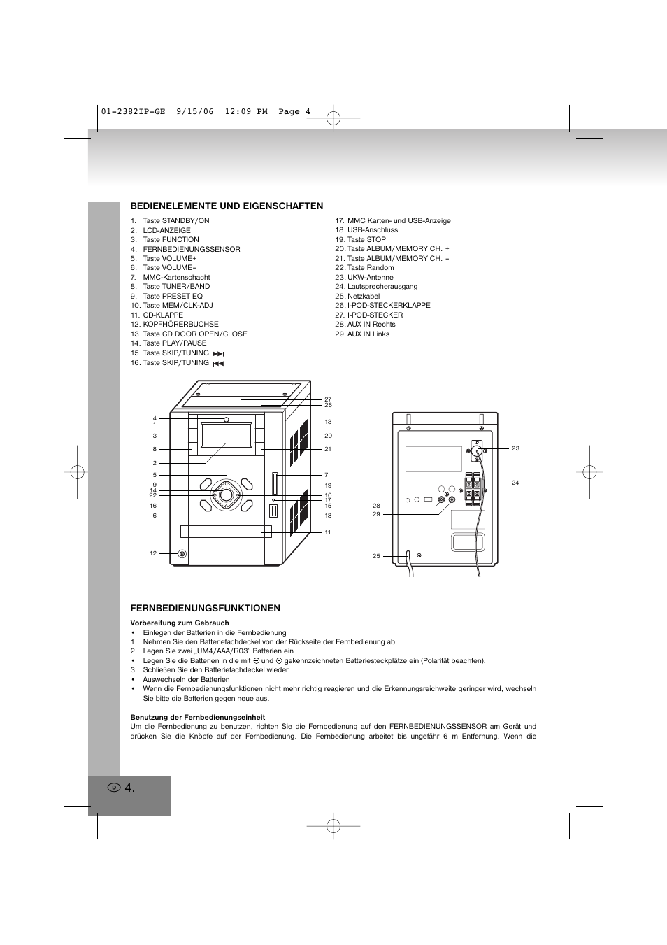 Bedienelemente und eigenschaften, Fernbedienungsfunktionen | Elta 2382IP User Manual | Page 4 / 112