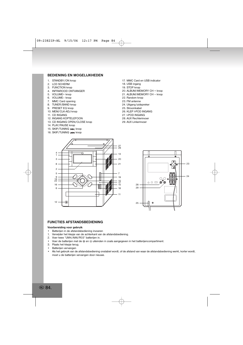Bediening en mogelijkheden, Functies afstandsbediening | Elta 2382IP User Manual | Page 84 / 112