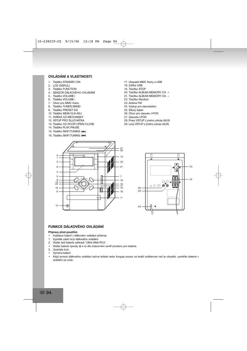 Ovládání a vlastnosti, Funkce dálkového ovládání | Elta 2382IP User Manual | Page 94 / 112