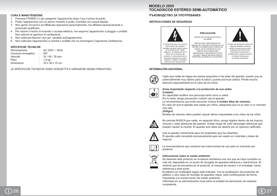 2955 im p26,27_i,e.pdf, Modelo 2955 tocadiscos estéreo semi-automático | Elta 2955 User Manual | Page 14 / 36
