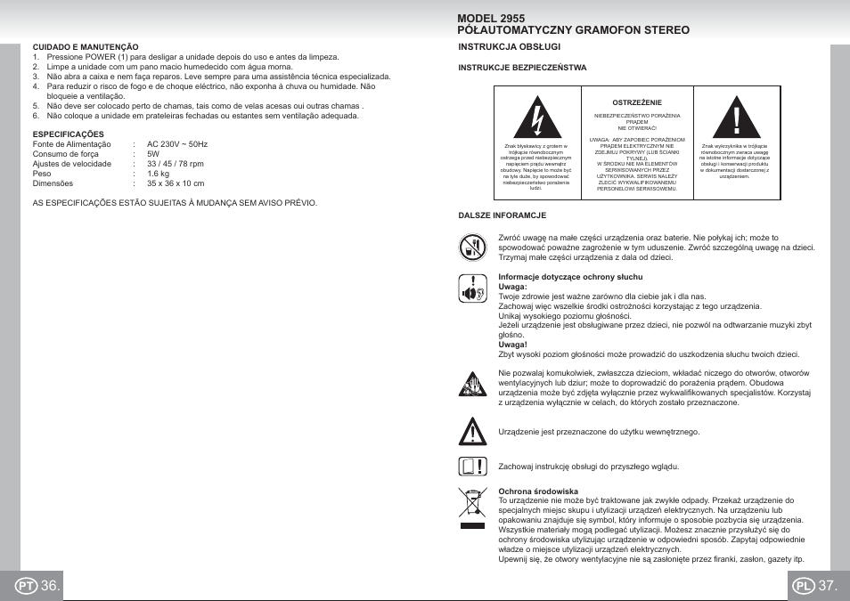 2955 im p36,37_pt,pl.pdf, Model 2955 półautomatyczny gramofon stereo | Elta 2955 User Manual | Page 19 / 36