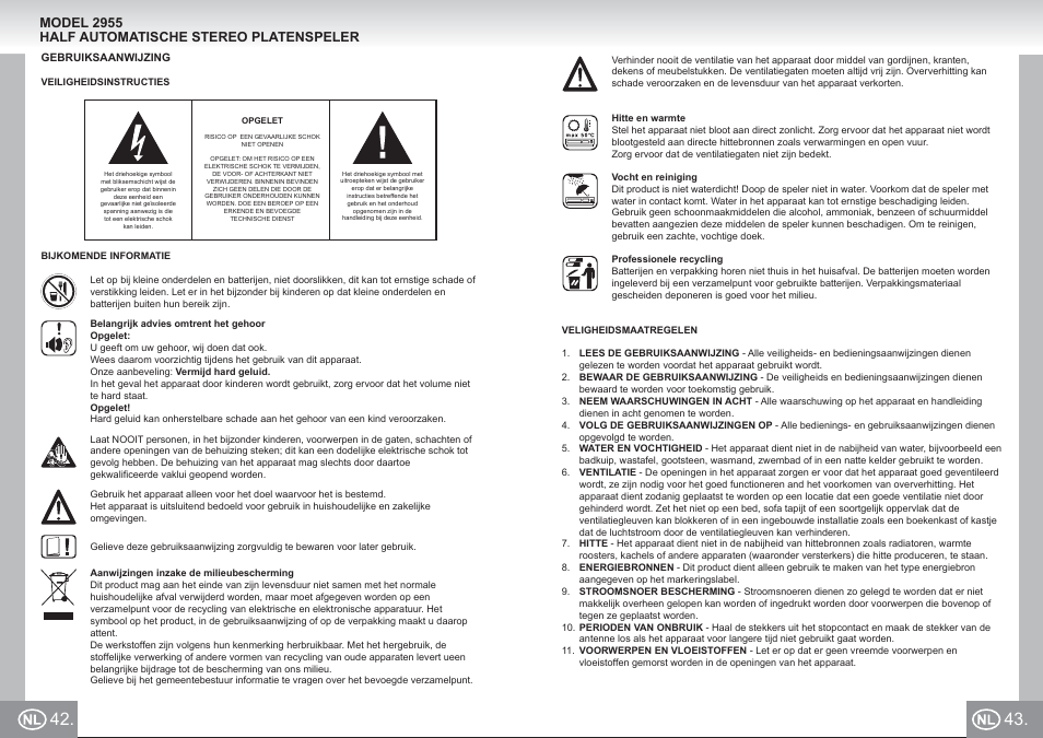 2955 im p42,43_nl.pdf, Model 2955 half automatische stereo platenspeler | Elta 2955 User Manual | Page 22 / 36