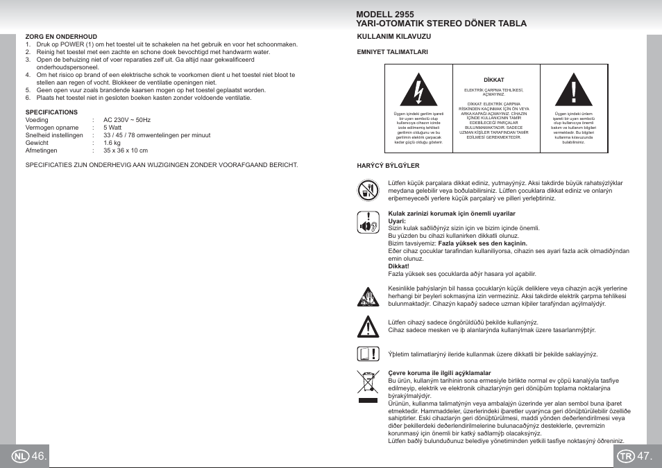2955 im p46,47_nl,tr.pdf, Modell 2955 yari-otomatik stereo döner tabla | Elta 2955 User Manual | Page 24 / 36