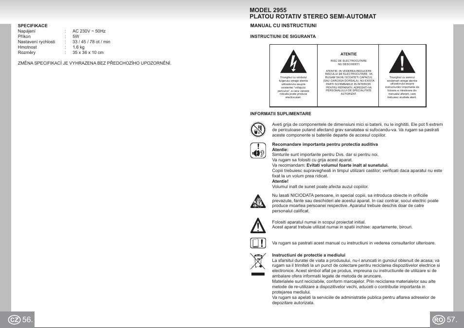 2955 im p56,57_cz,ro.pdf, Model 2955 platou rotativ stereo semi-automat | Elta 2955 User Manual | Page 29 / 36