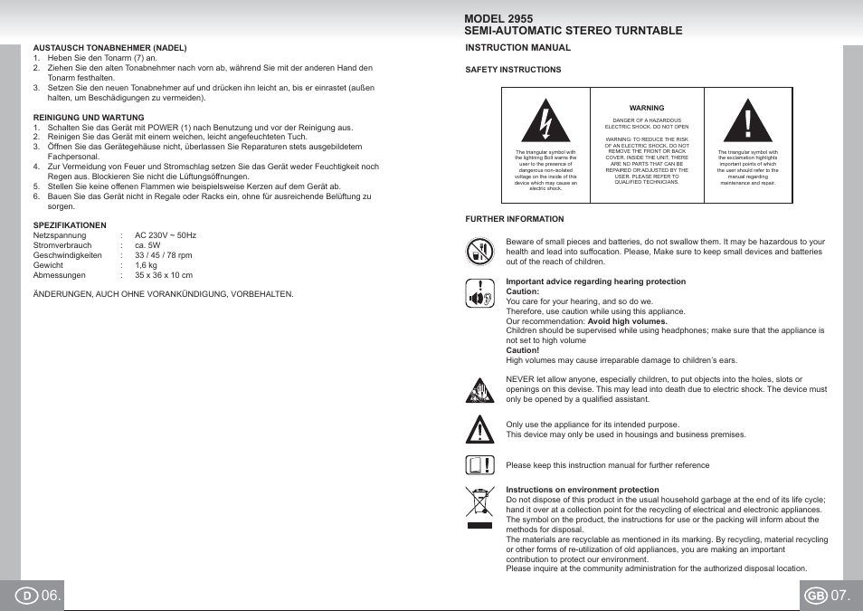 2955 im p06,07_d,gb.pdf, Model 2955 semi-automatic stereo turntable | Elta 2955 User Manual | Page 4 / 36