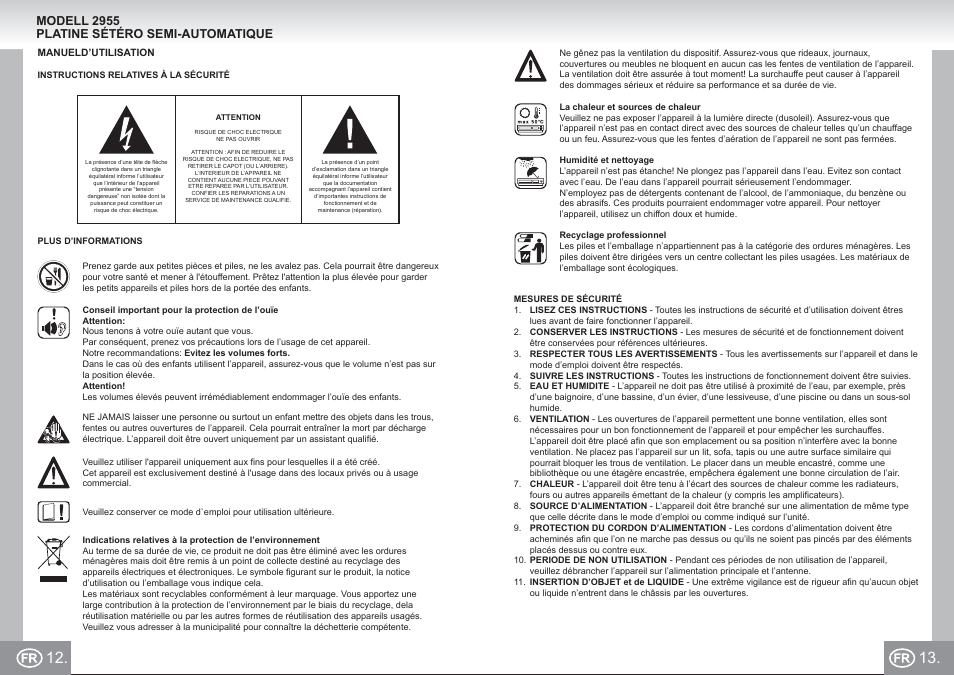2955 im p12,13_fr.pdf, Modell 2955 platine sétéro semi-automatique | Elta 2955 User Manual | Page 7 / 36
