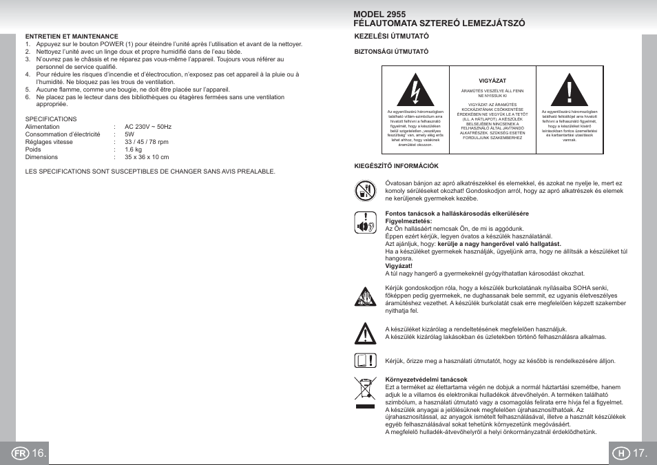 2955 im p16,17_fr,h.pdf, Model 2955 félautomata sztereó lemezjátszó | Elta 2955 User Manual | Page 9 / 36