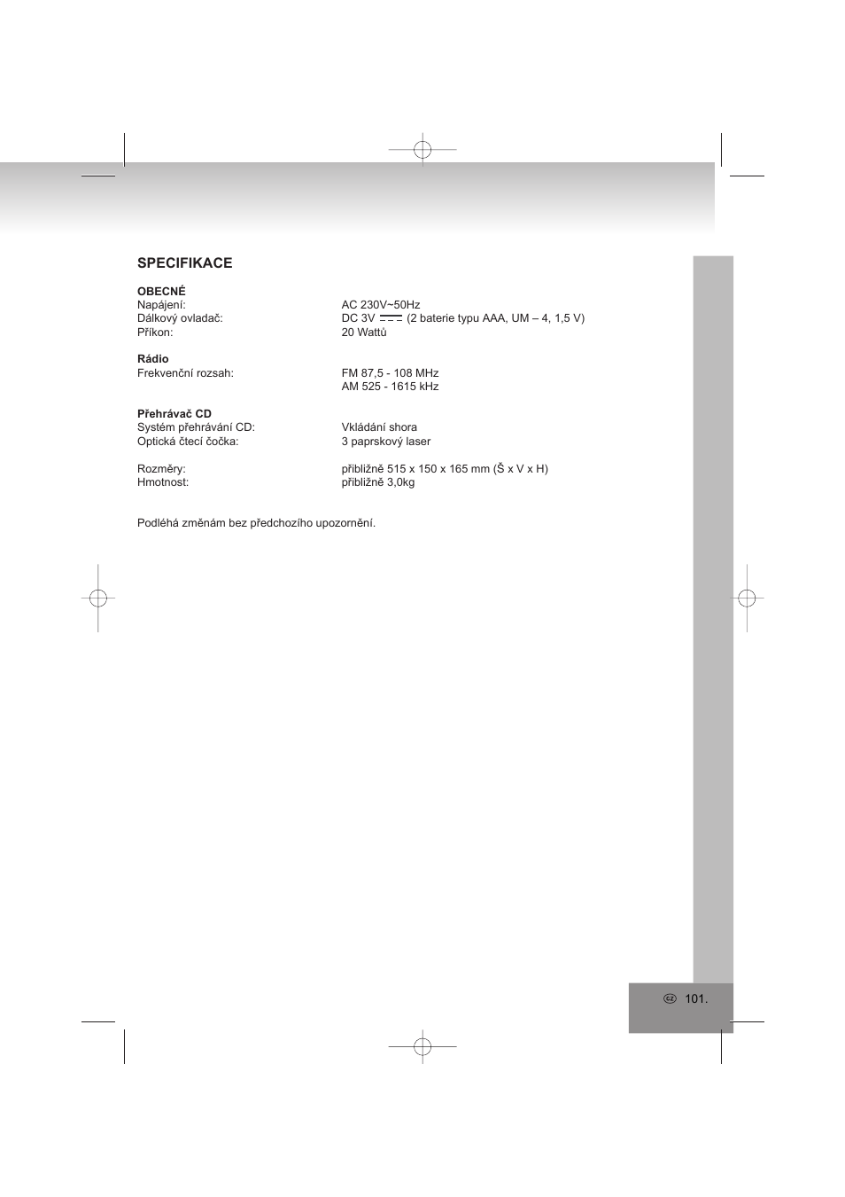 Specifikace | Elta 2402N User Manual | Page 101 / 142