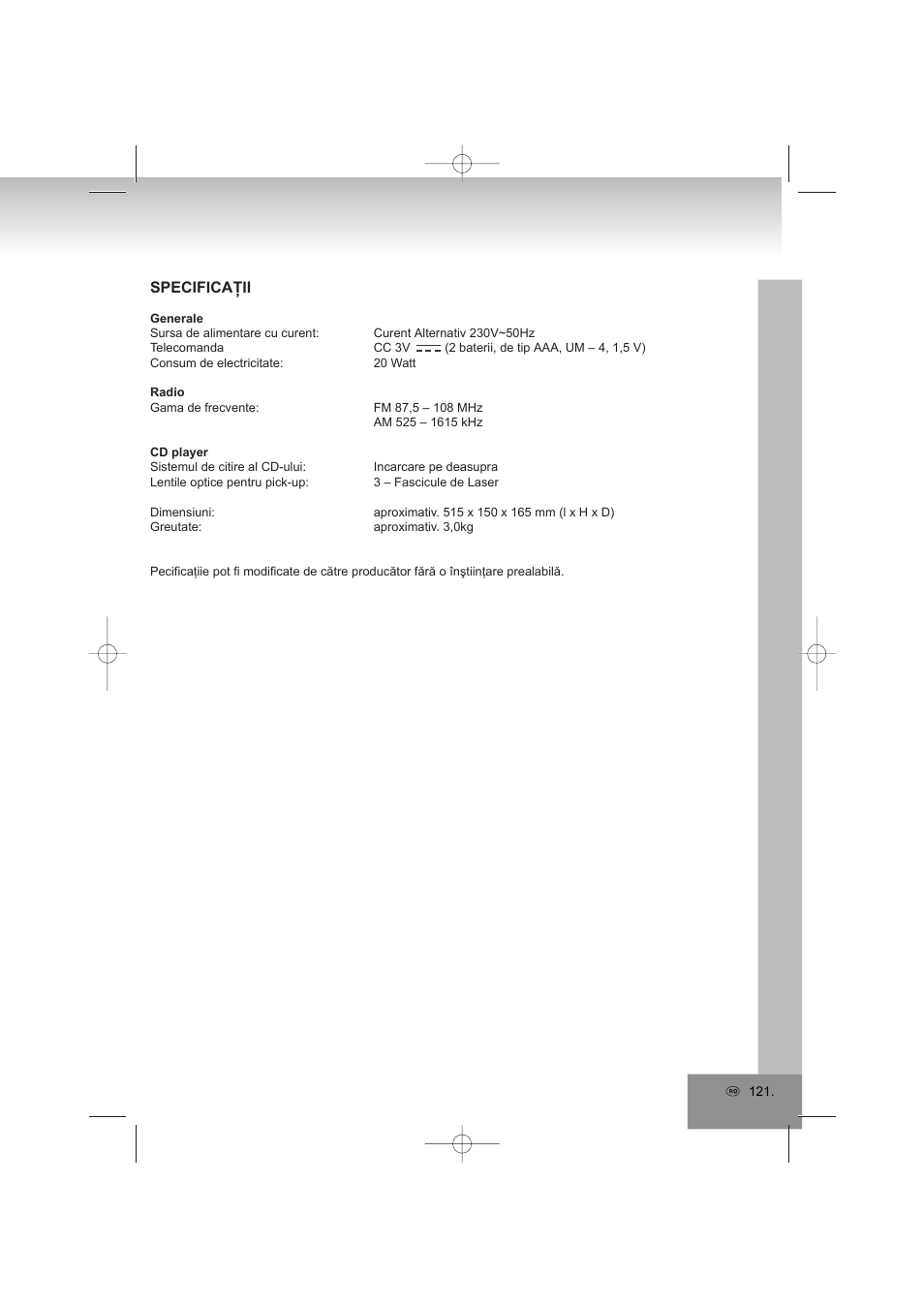 Specificaţii | Elta 2402N User Manual | Page 121 / 142