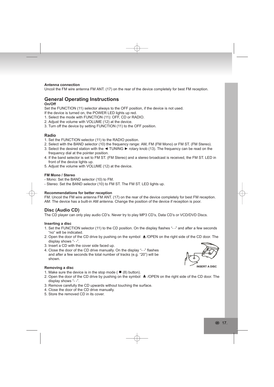 General operating instructions, Disc (audio cd) | Elta 2402N User Manual | Page 17 / 142