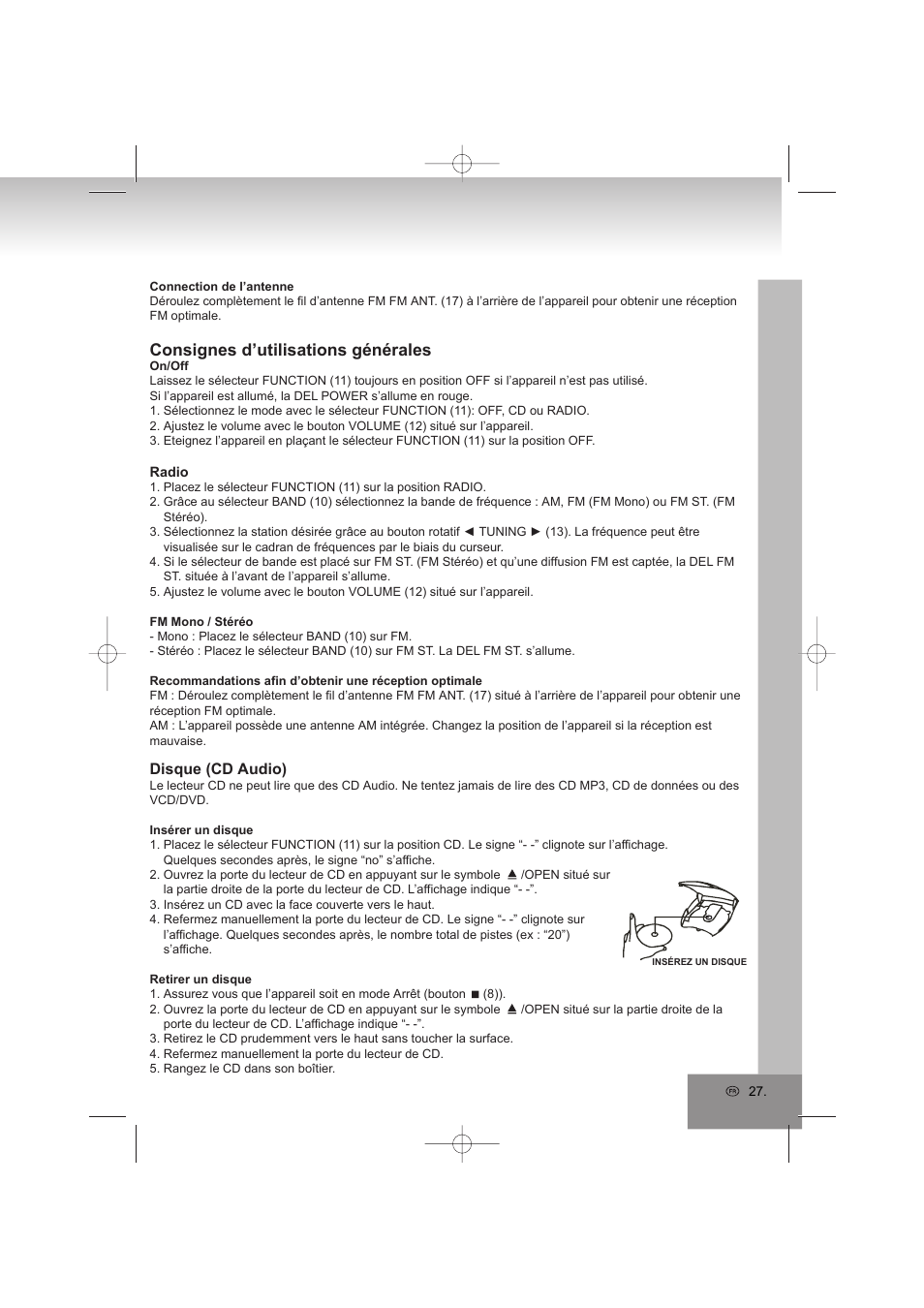 Consignes d’utilisations générales, Disque (cd audio) | Elta 2402N User Manual | Page 27 / 142