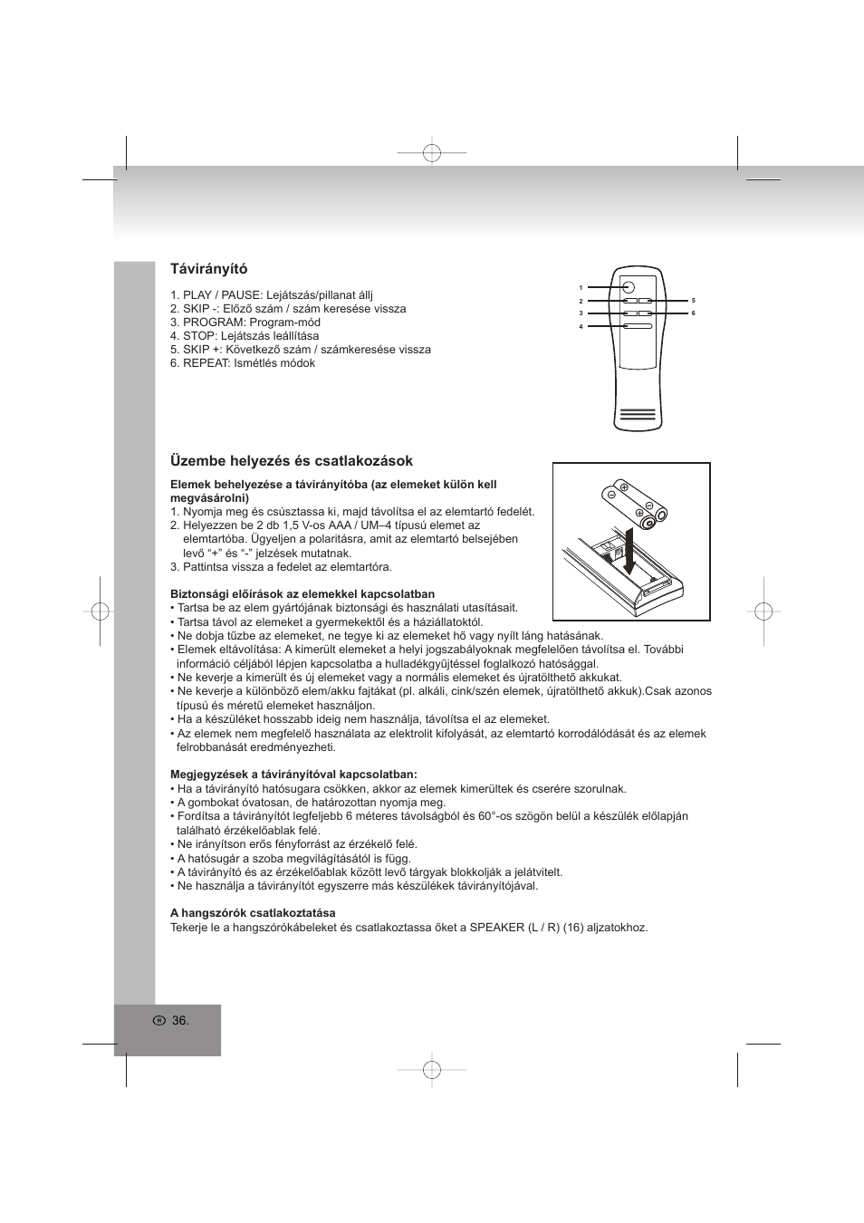 Távirányító, Üzembe helyezés és csatlakozások | Elta 2402N User Manual | Page 36 / 142