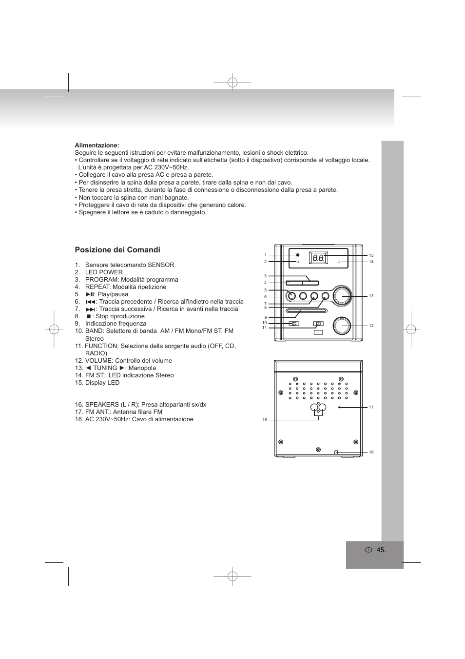 Posizione dei comandi | Elta 2402N User Manual | Page 45 / 142