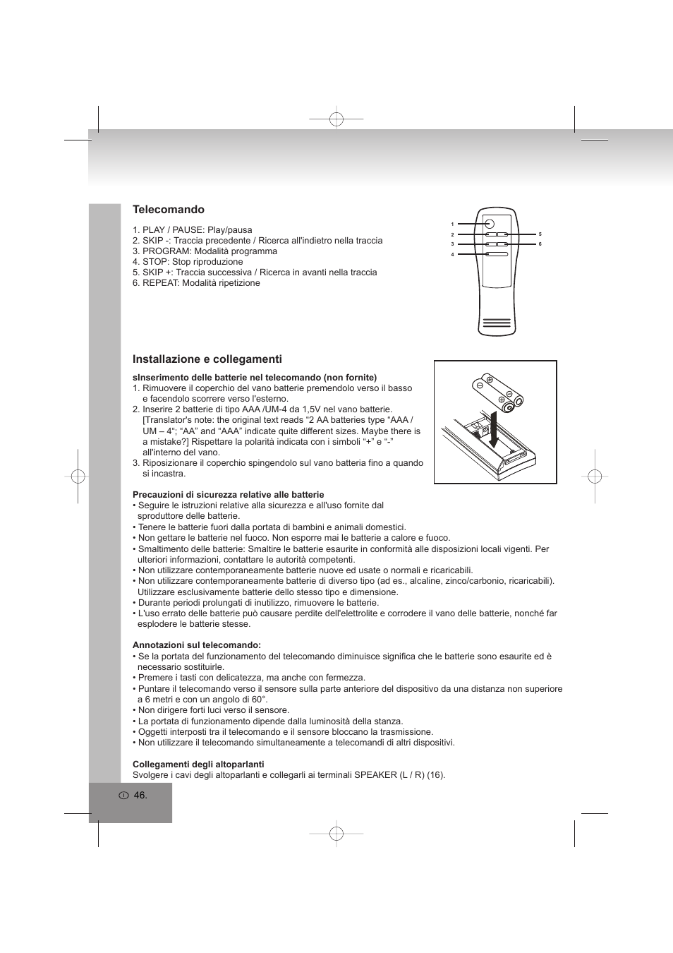 Telecomando, Installazione e collegamenti | Elta 2402N User Manual | Page 46 / 142