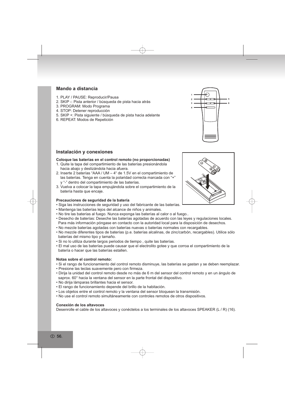 Mando a distancia, Instalación y conexiones | Elta 2402N User Manual | Page 56 / 142