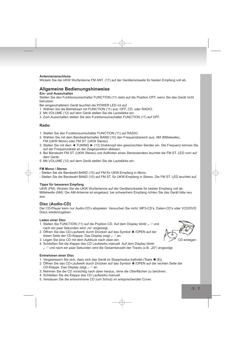 Allgemeine bedienungshinweise, Disc (audio-cd) | Elta 2402N User Manual | Page 7 / 142