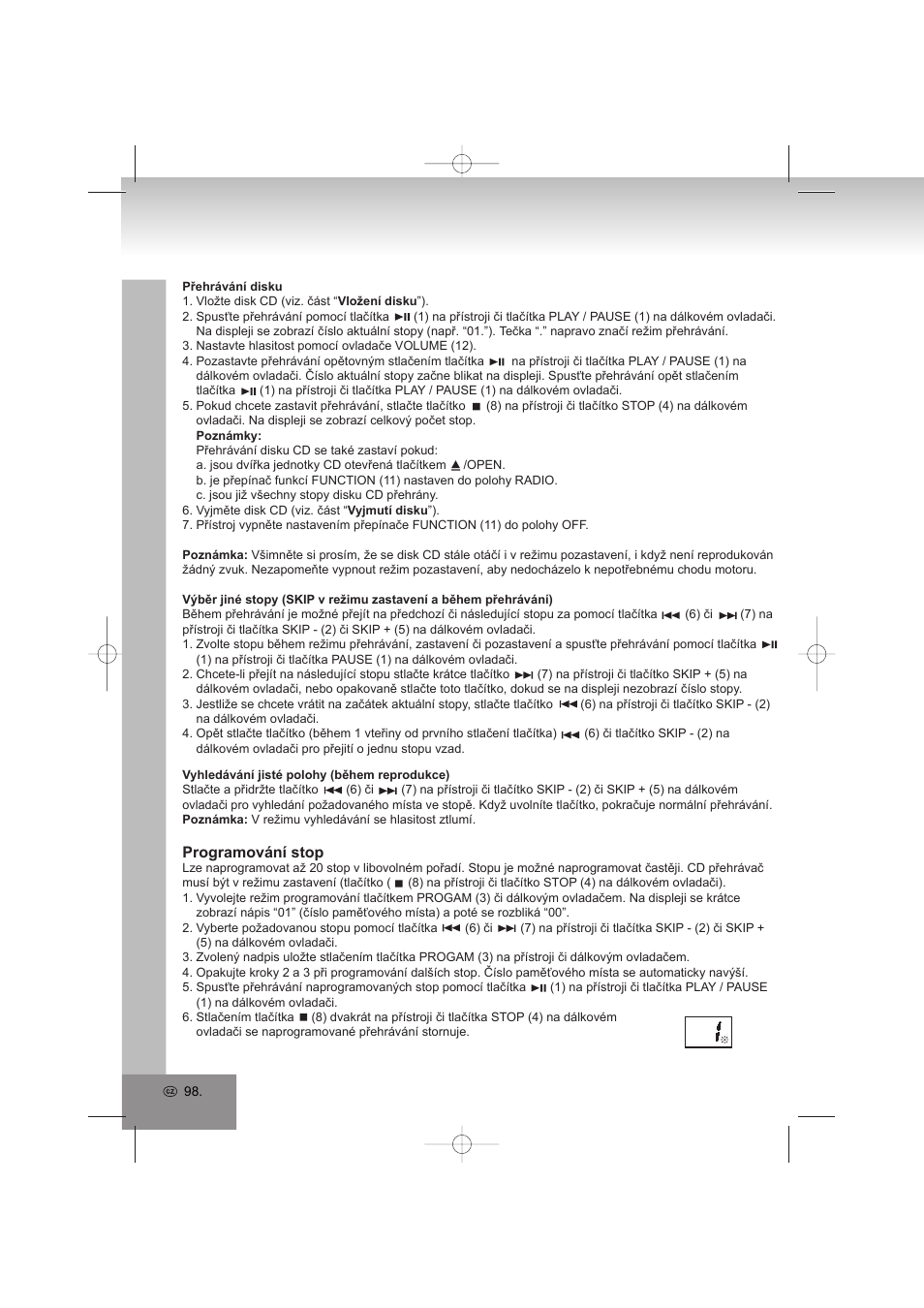 Programování stop | Elta 2402N User Manual | Page 98 / 142
