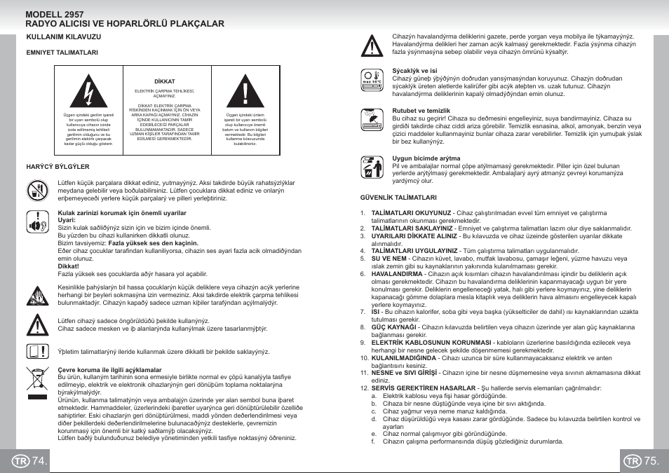 Elta 2957 im p074,75_tr.pdf, Modell 2957 radyo alicisi ve hoparlörlü plakçalar | Elta 2957 User Manual | Page 38 / 57