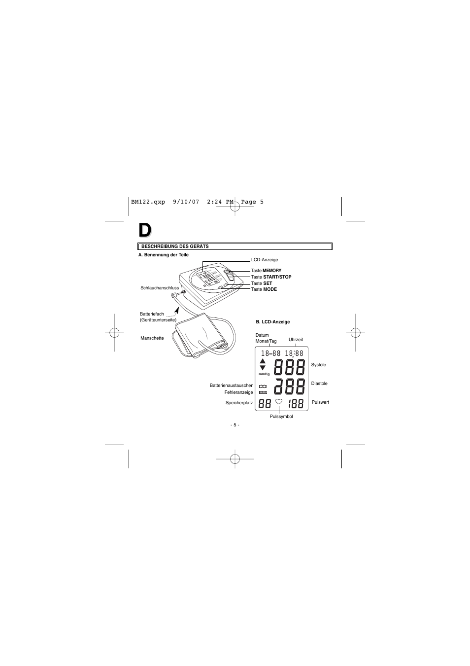 Mm hg, Mem ory | Elta BM122 User Manual | Page 5 / 181