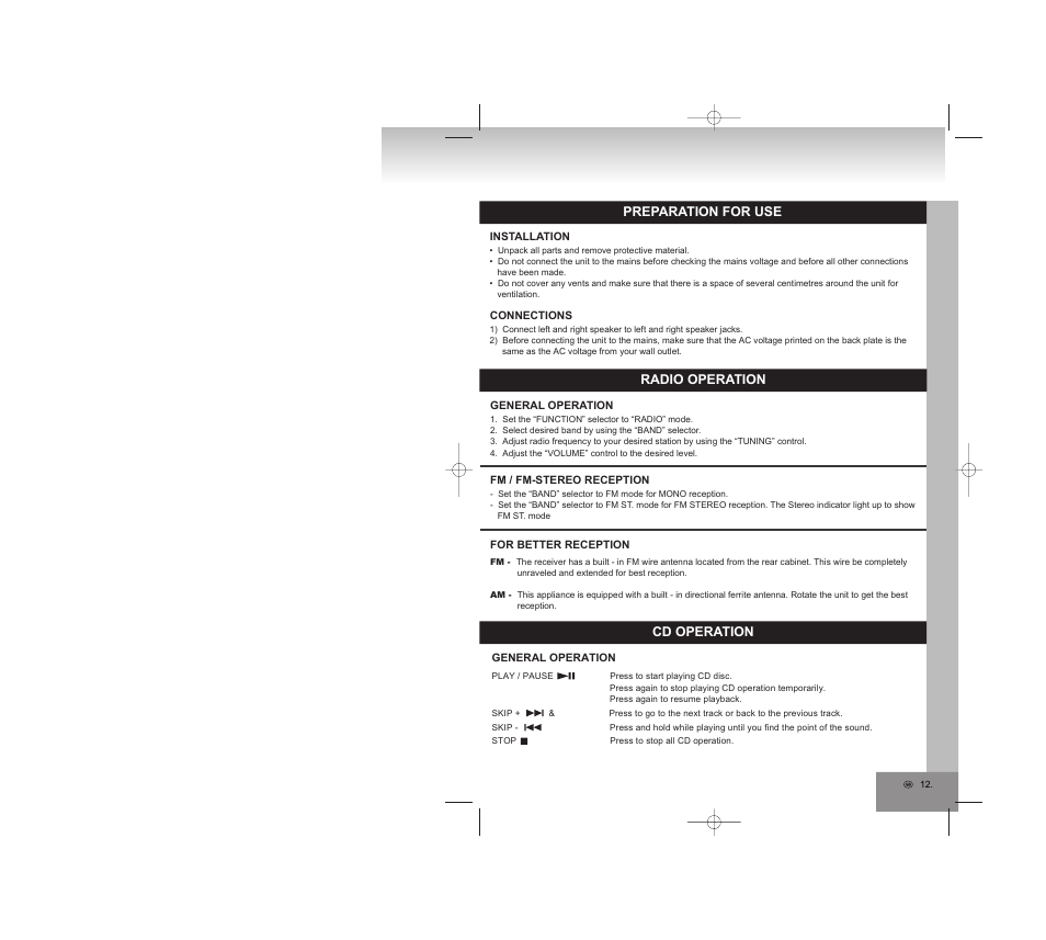 Radio operation, Cd operation, Preparation for use | Elta 2750G User Manual | Page 12 / 86
